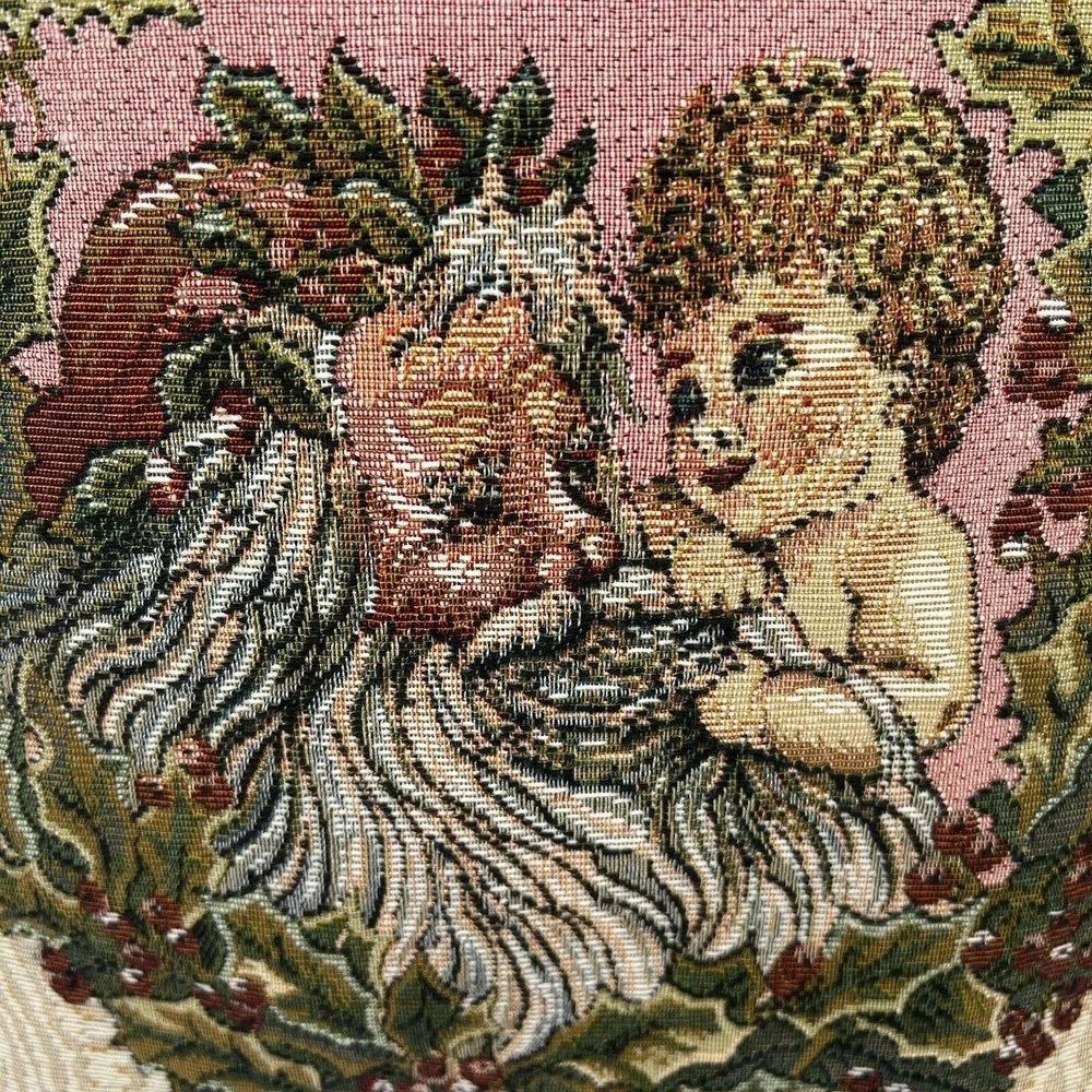 Vintage 14in Throw Pillow Woven Tapestry Christmas Wreath Santa Cherub Pink
